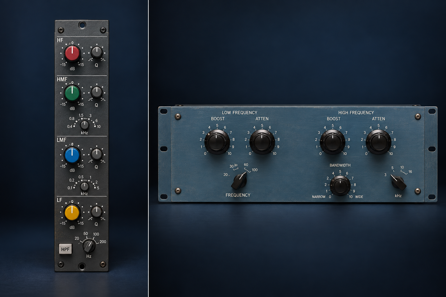 À gauche, une section d’égalisation de console verticale à boutons colorés ; à droite, un égaliseur de programme en rack bleu-gris, inspiré du Pultec.