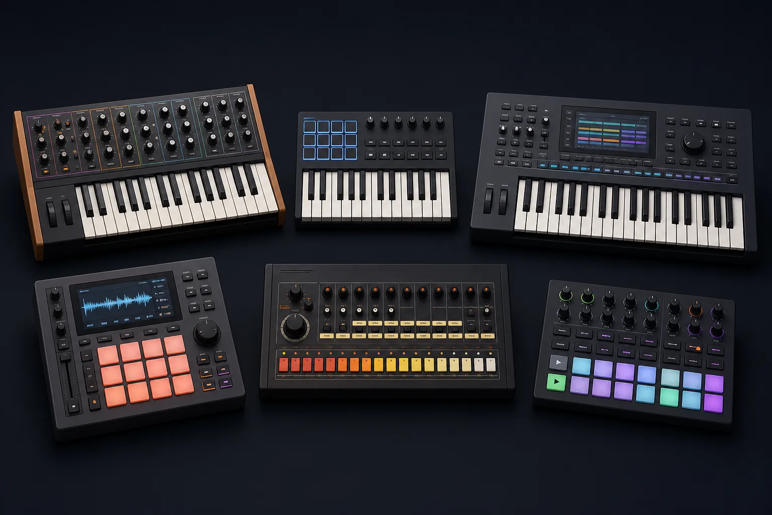 Six appareils génériques : synthétiseur, contrôleur, workstation, sampleur, boîte à rythmes et groovebox