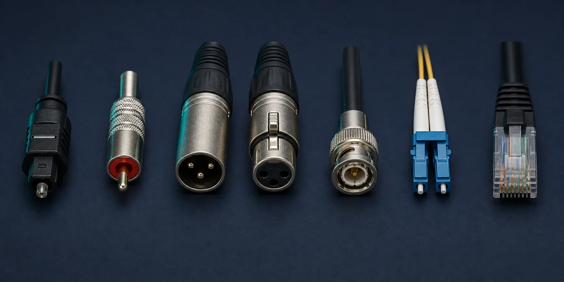Connecteurs audio numériques génériques alignés : TOSLINK optique, RCA coaxial, paire XLR trois broches, BNC, paire de fibres LC et RJ45 Ethernet