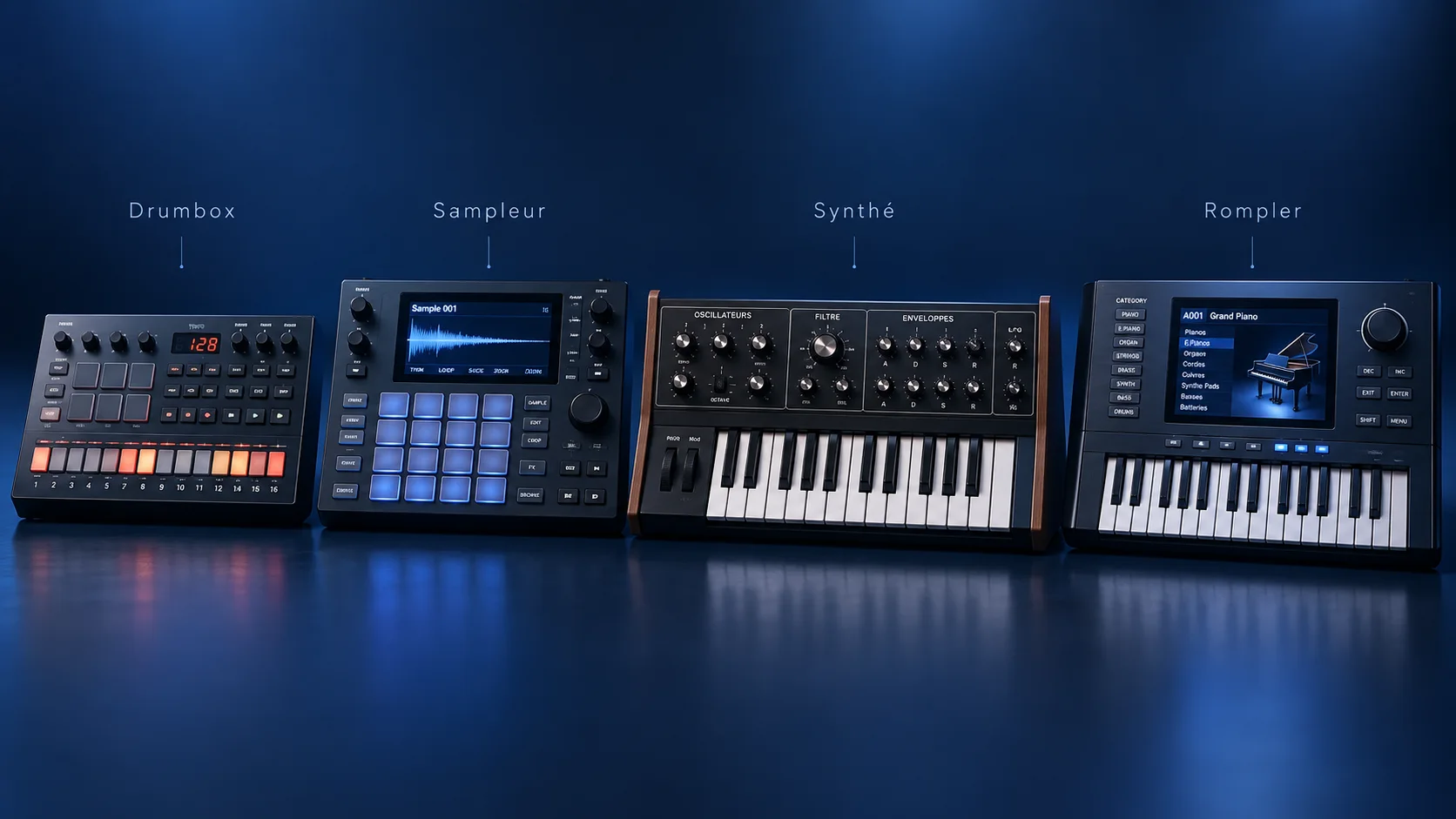Drumbox, sampleur, synthétiseur et rompler hardware alignés