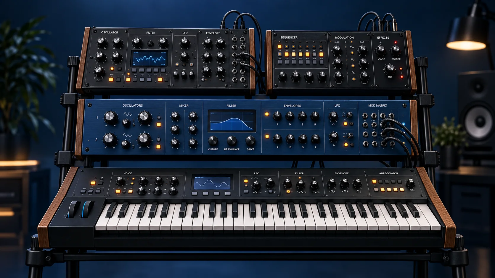 Plusieurs synthétiseurs hardware superposés sur un même support