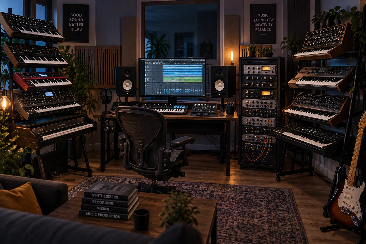 Studio de MAO dense entouré de nombreux synthétiseurs et racks hardware