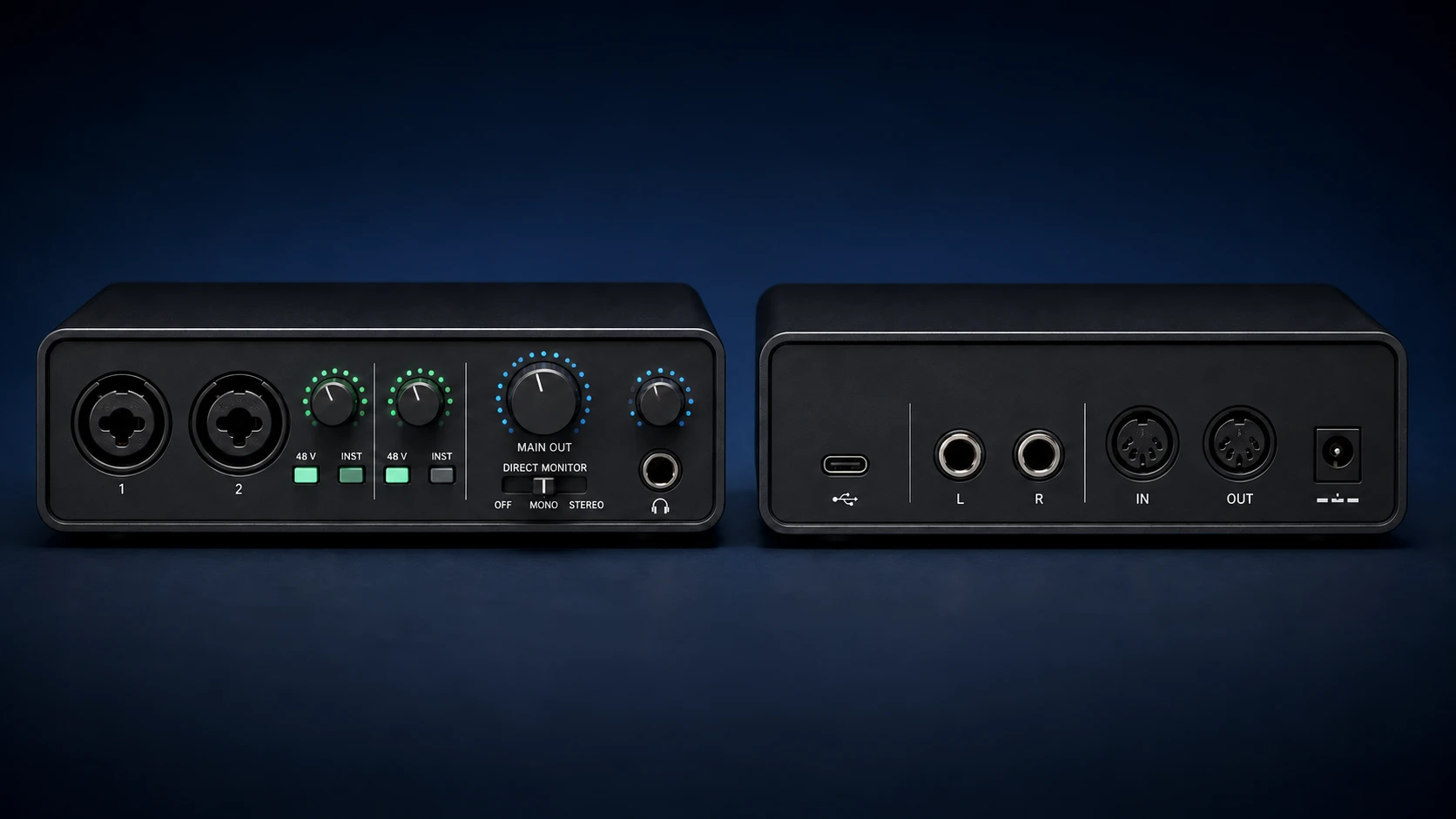 Interface audio générique : façade avec deux entrées, gains, volume Main Out et commutateur Direct Monitor Off / Mono / Stereo ; arrière avec USB, sorties et MIDI