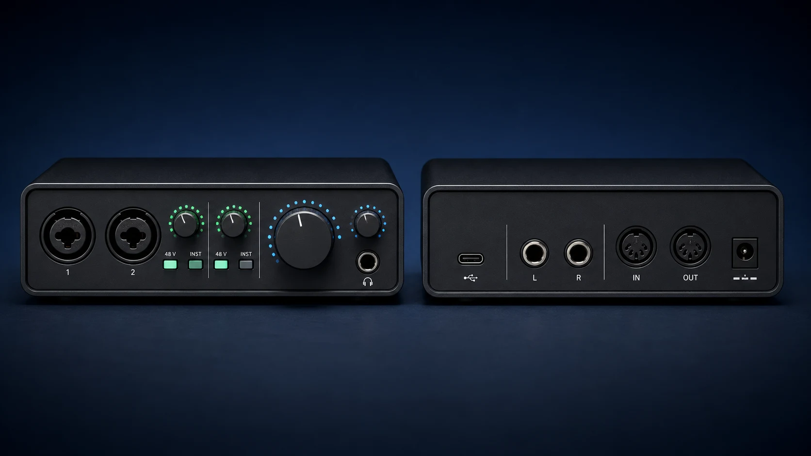 Interface audio montrée de face et de dos, avec entrées, sorties et liaison USB